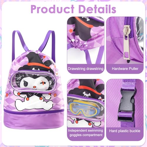 PALAY® Kuromi Swimming Drawstring Bag Girls Waterproof with Shoe Compartment Clear Goggle Pouch Cute Quick Dry Wet Beach 26x13x40cm 2 PCS PALAY® Kuromi Swimming Drawstring Bag Girls Waterproof with Shoe Compartment Clear Goggle Pouch Cute Quick Dry Wet Beach 26x13x40cm 2 PCS